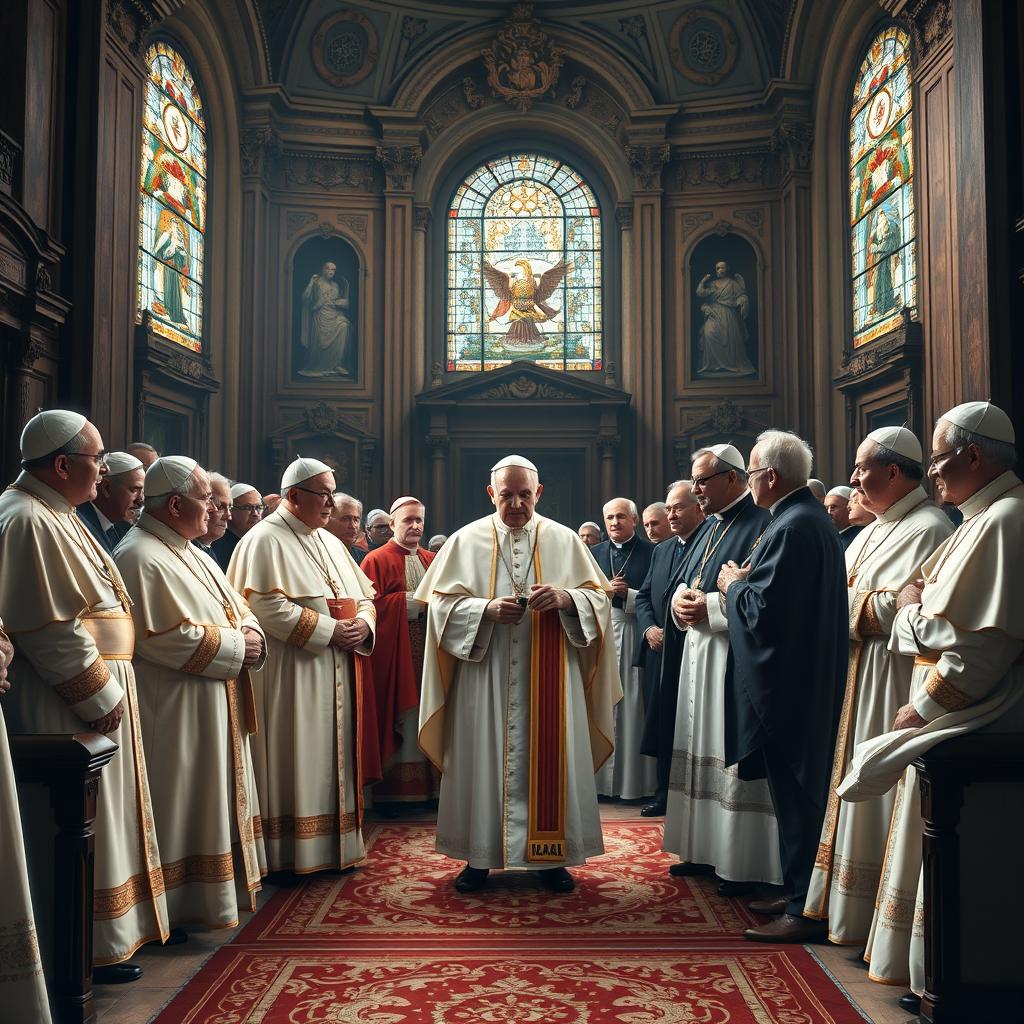 A grand assembly featuring the current Pope meeting with previous Popes in a majestic Vatican setting