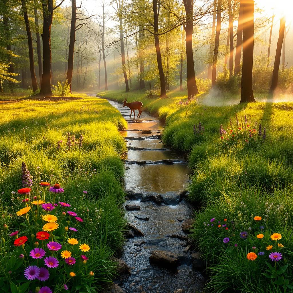A serene forest scene at dawn reflecting natural beauty, with soft sunlight streaming through the trees and lighting up the dew-covered grass