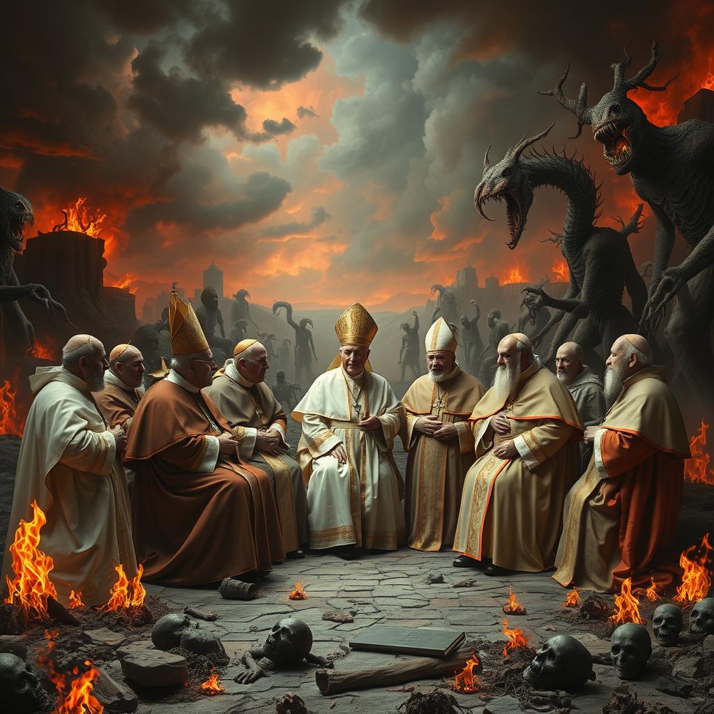 A surreal and imaginative scene depicting a gathering of popes in a fantastical representation of hell