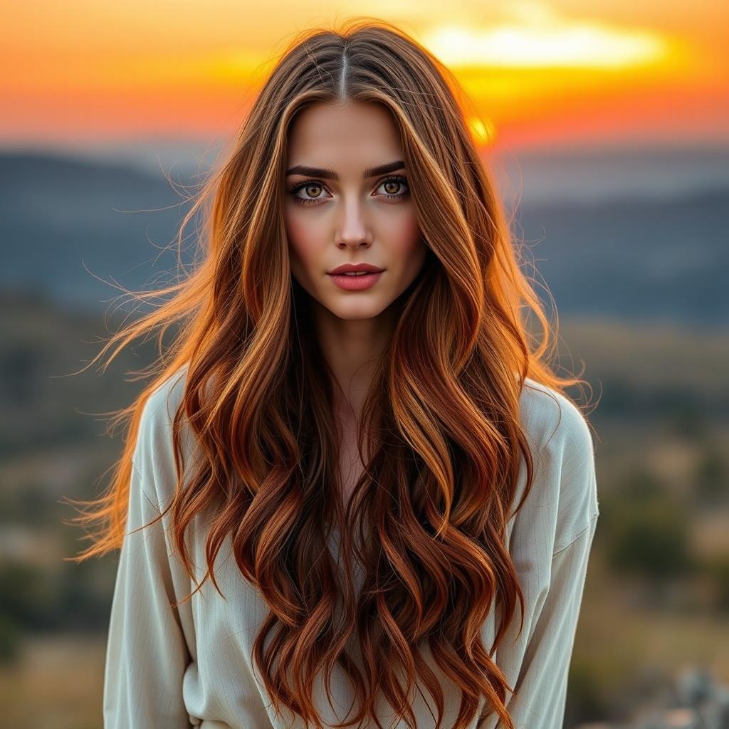 Create an image featuring a woman with striking long wavy hair in vibrant shades of auburn and deep brown, mimicking the hairstyle from the first reference