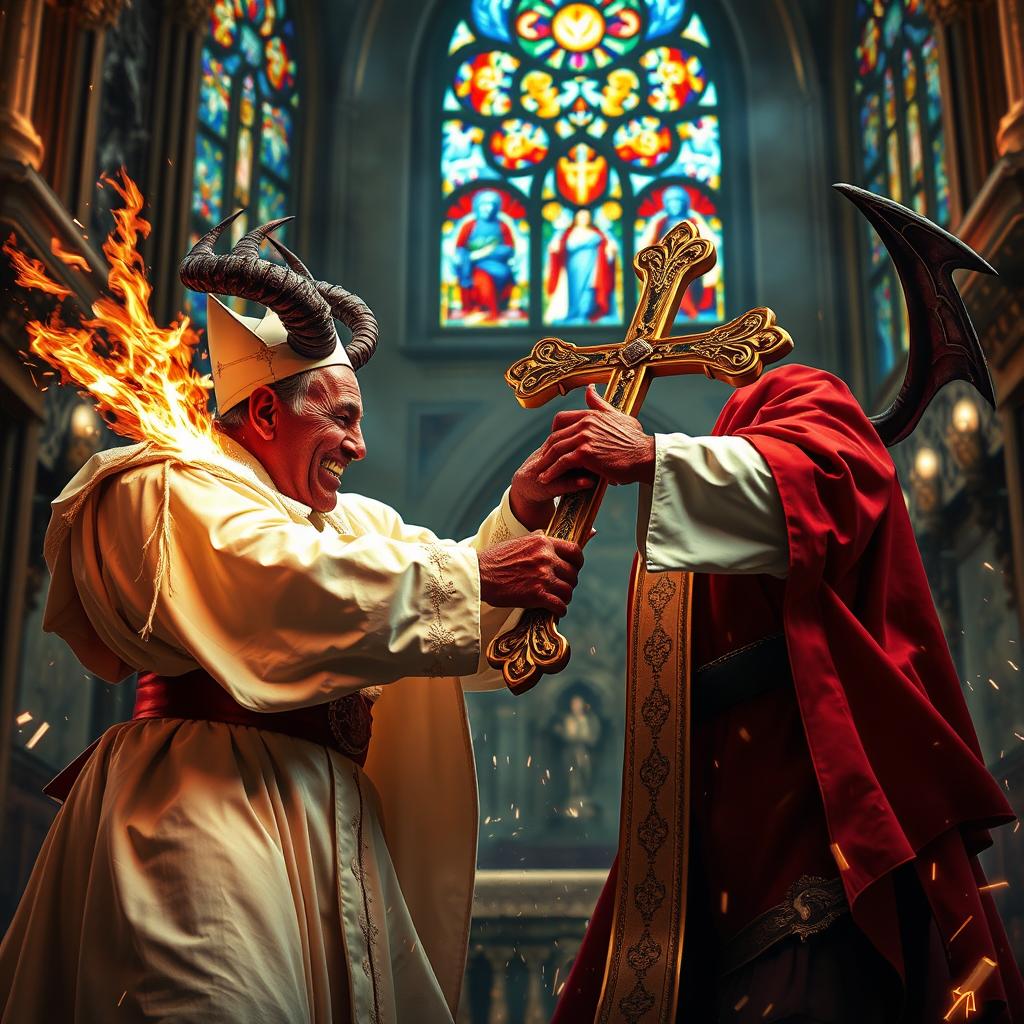A dramatic and intense scene depicting a devil and the Pope locked in combat