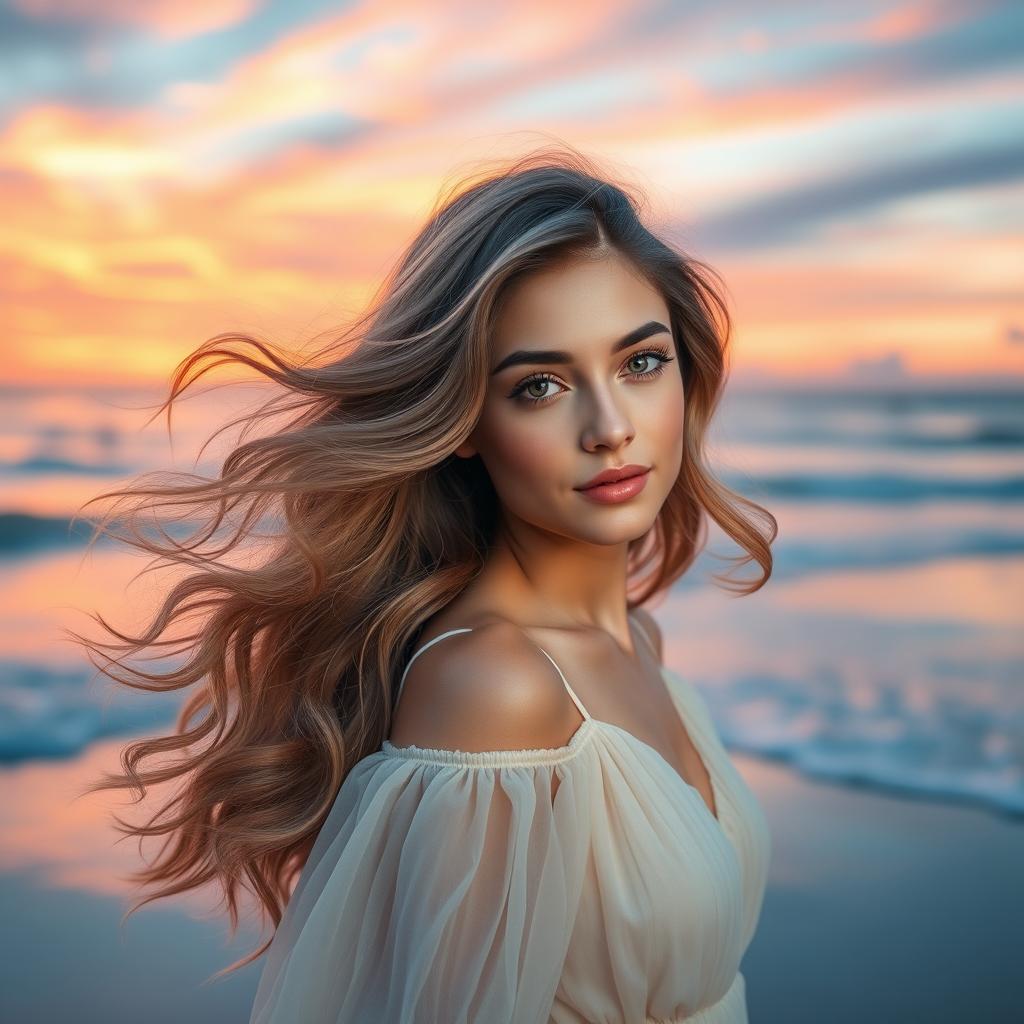 Transform the first image into a new scene while preserving the woman's hairstyle and face