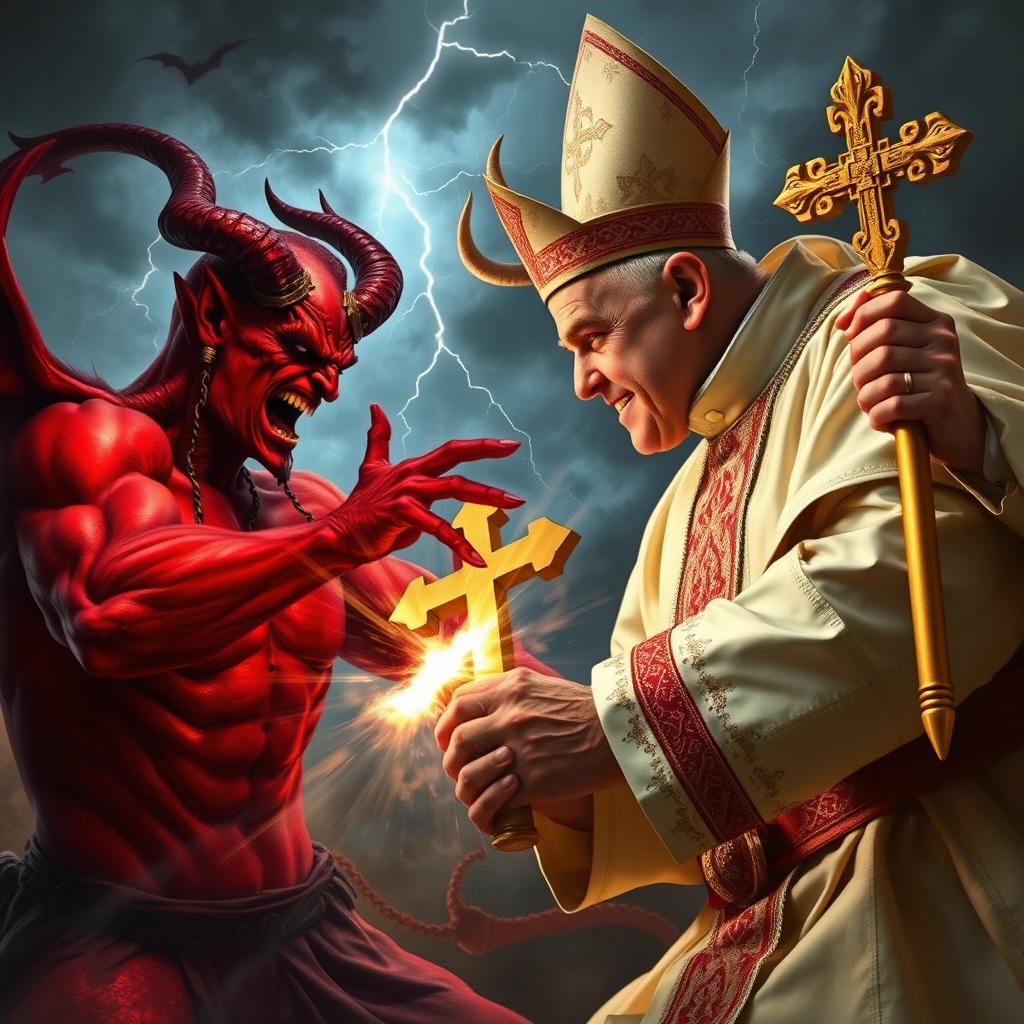 An intense battle scene depicting Satan, featuring red skin, horns, and a menacing expression, engaging in a fierce duel with the Pope, who is dressed in traditional papal robes, holding a golden cross