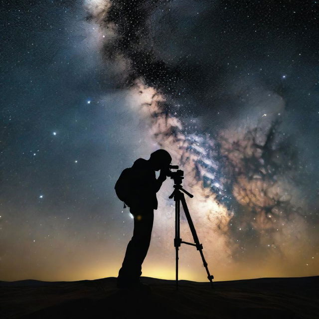 A detailed, realistic image of a black silhouetted photographer, with his camera professionally set on a tripod, set against the captivating background of the Milky Way