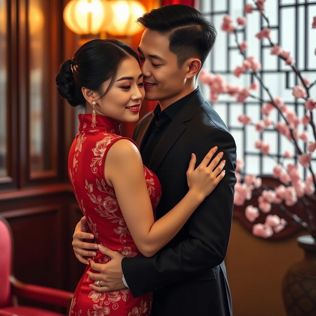 A romantic scene depicting a Chinese man and woman sharing an intimate moment, set in a luxurious and elegant environment
