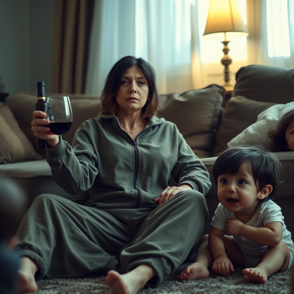 A woman sitting in a cozy living room, dressed in a casual and somewhat unkempt tracksuit, looking a bit disheveled