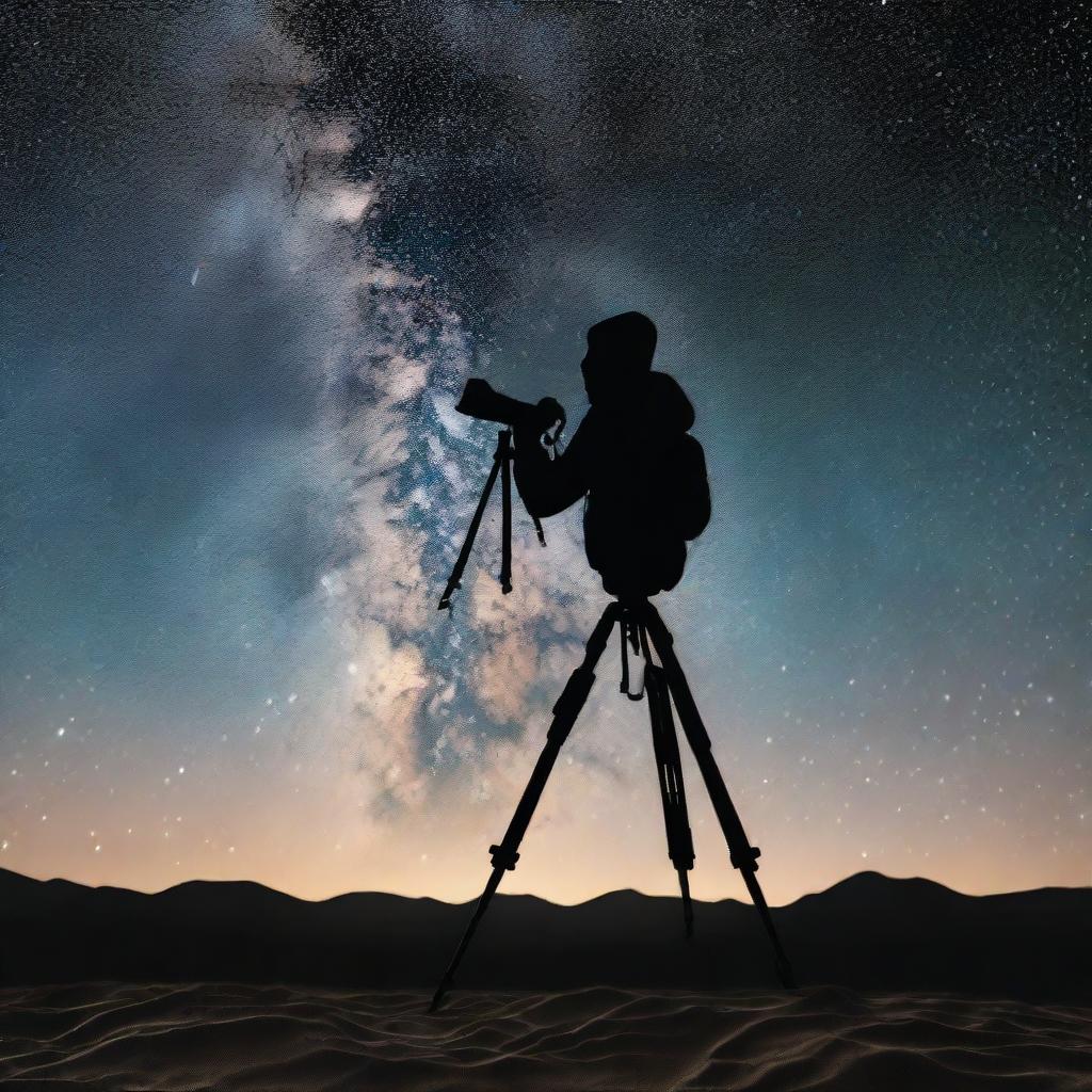 A detailed, realistic image of a black silhouetted photographer, with his camera professionally set on a tripod, set against the captivating background of the Milky Way