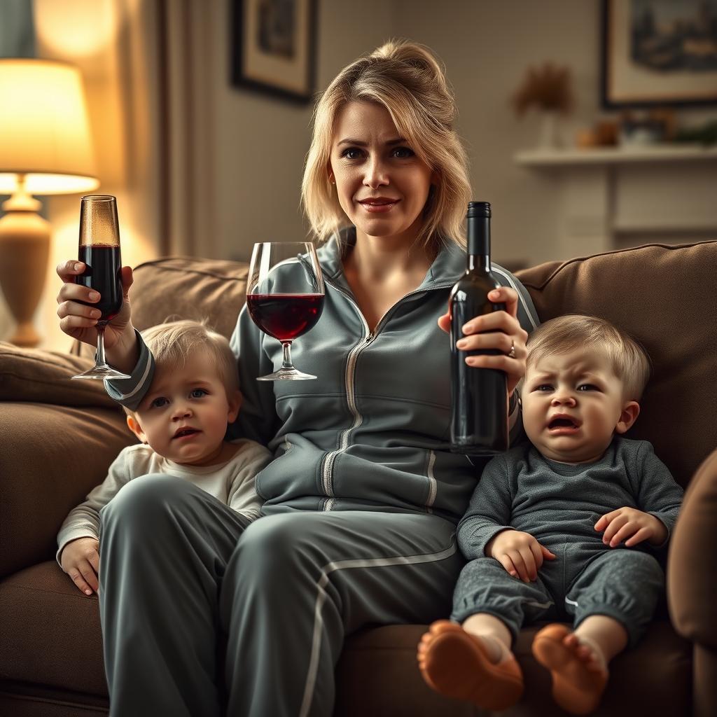 A realistic image of a woman in a tracksuit, sitting in a cozy living room environment