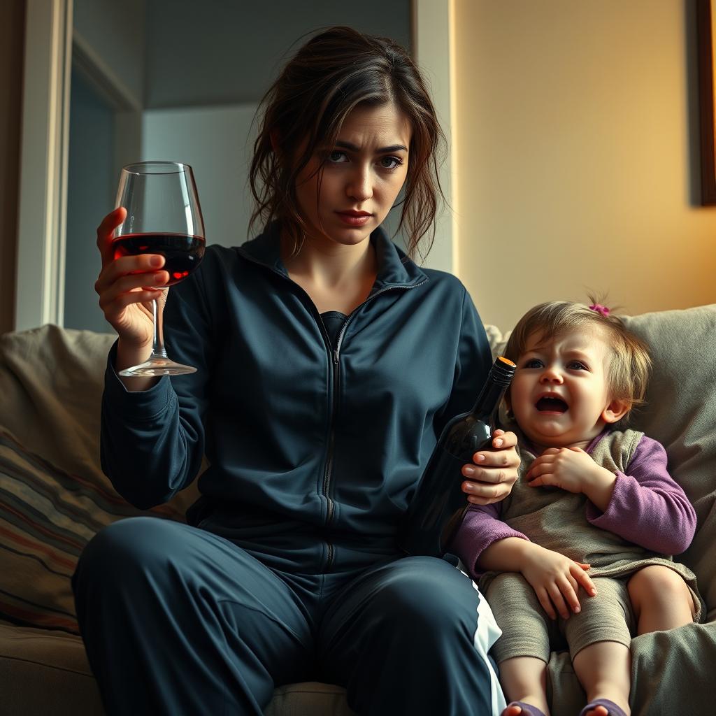 A realistic scene depicting a woman in a tracksuit, obviously disheveled, holding a glass of red wine in one hand while cradling a wine bottle in the other hand