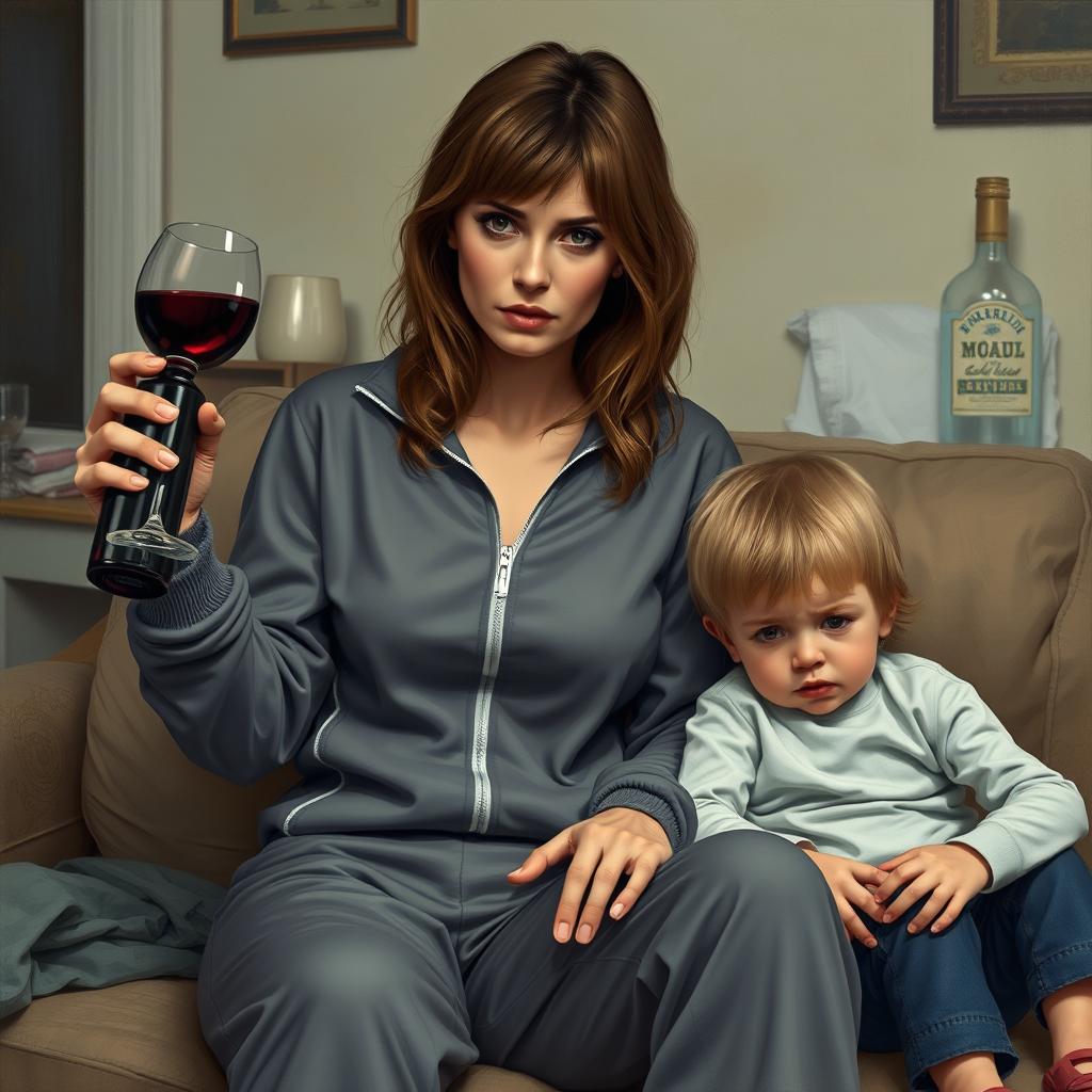 A realistic depiction of a woman with brown hair, wearing an unattractive tracksuit, sitting in a casual setting