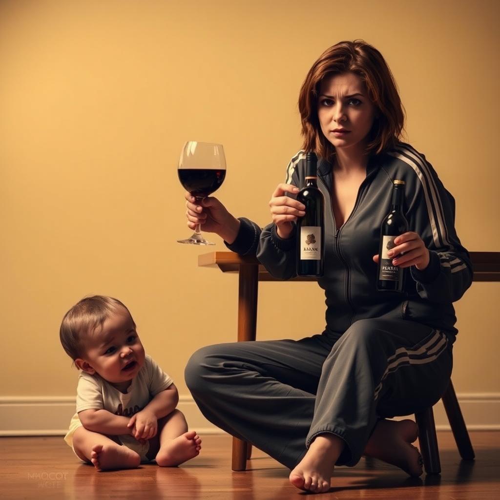 A realistic scene featuring a woman with brown hair, dressed in an unflattering tracksuit, sitting at a table