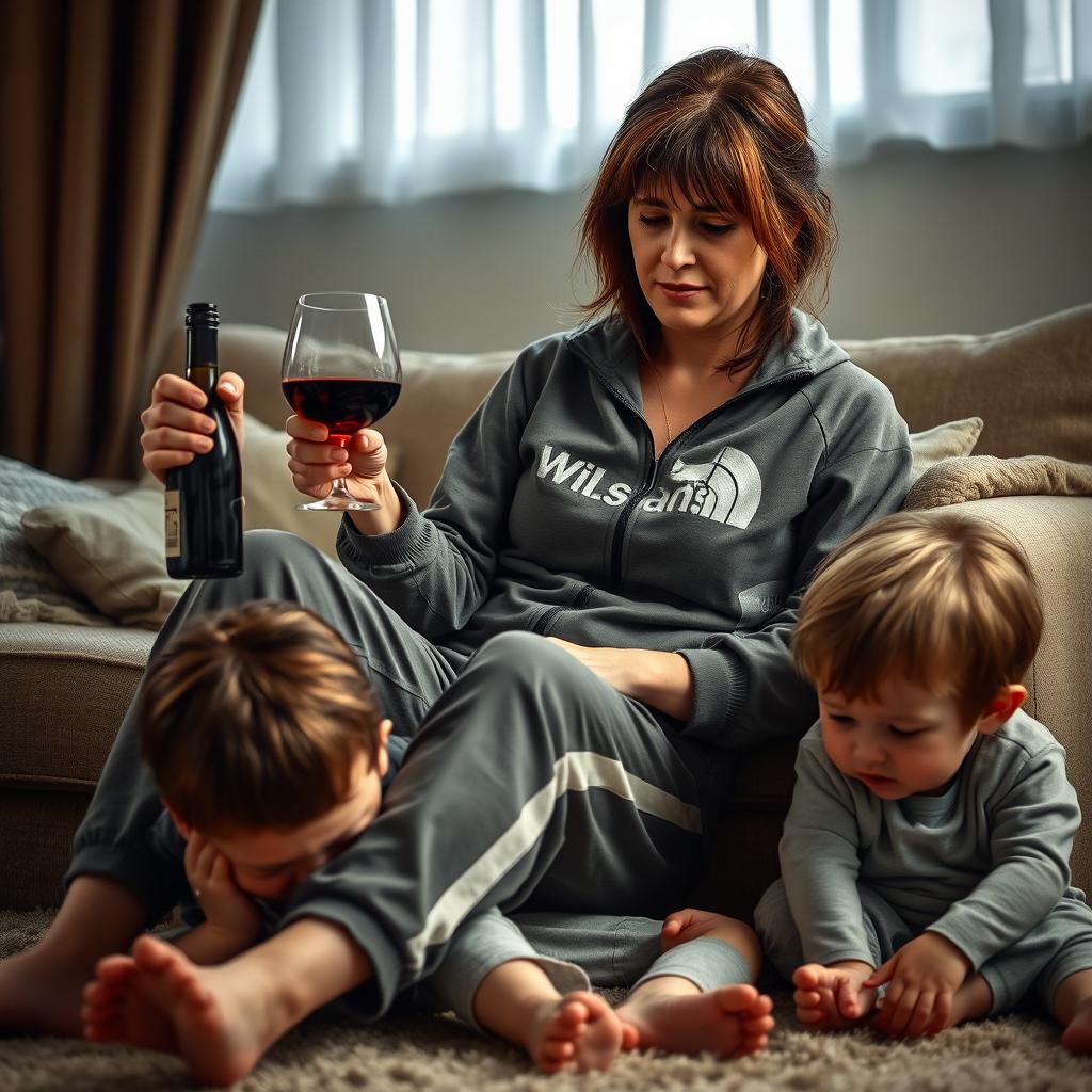 A realistic scene featuring a woman with brown hair, around 30 years old, dressed in an unattractive tracksuit