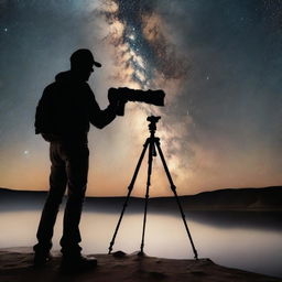 A detailed, realistic image of a black silhouetted photographer, with his camera professionally set on a tripod, set against the captivating background of the Milky Way