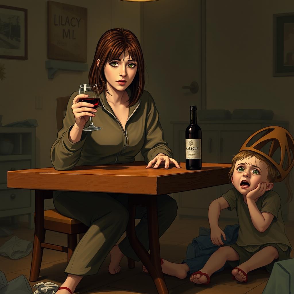 A realistic scene depicting a woman with brown hair, approximately 30 years old, sitting at a wooden table