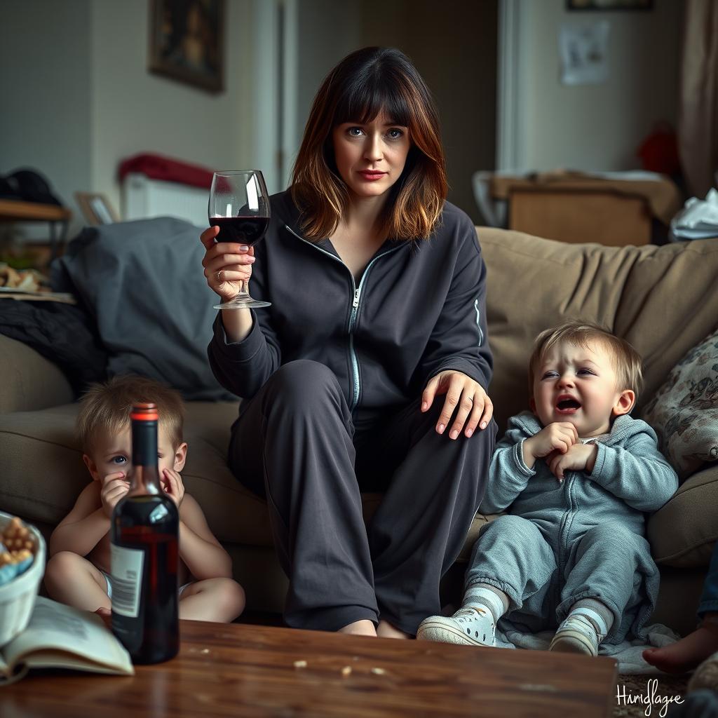 A realistic portrait of a woman with brown hair, around 30 years old, sitting on a couch in a messy living room