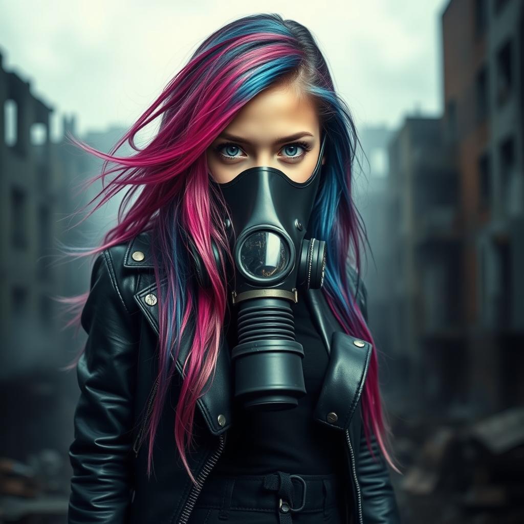 A striking image of a girl wearing a gas mask, set against a dystopian background