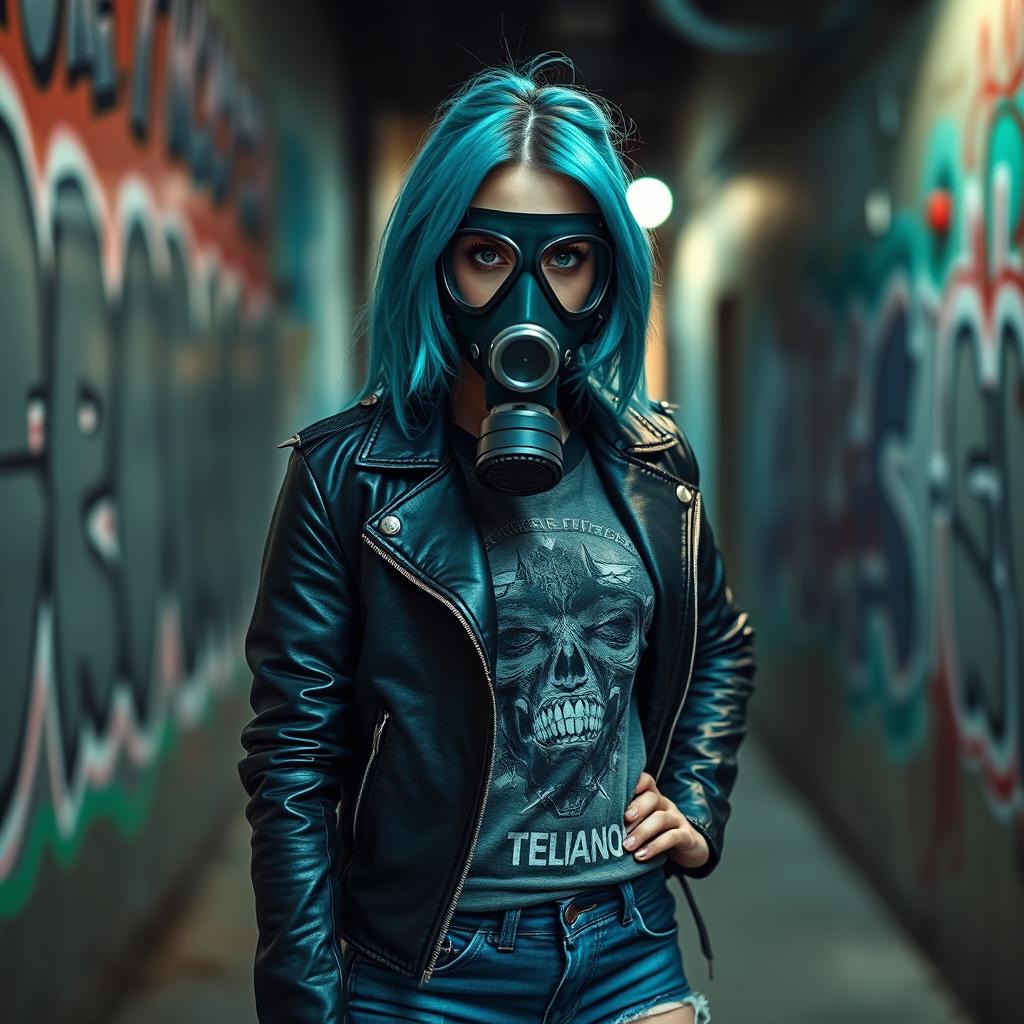 A striking portrait of a young woman wearing a stylish gas mask, posing confidently in an urban alleyway