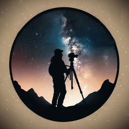 Transform the realistic scene of a silhouetted photographer with camera on a tripod against the Milky Way into a distinctive logo