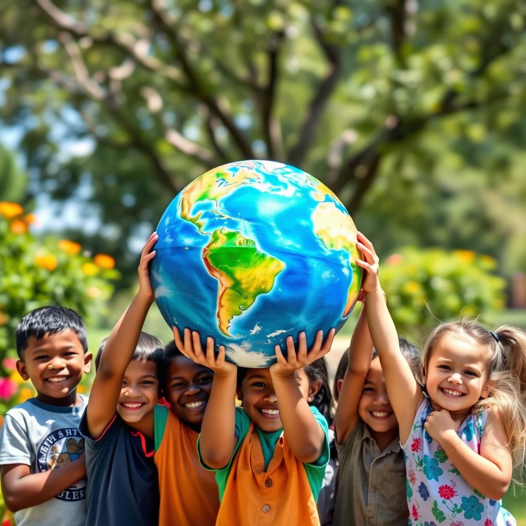 A group of children, boys and girls of diverse backgrounds, joyfully holding up a representation of Mother Earth