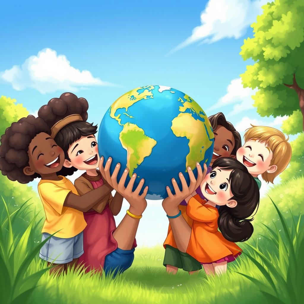 A stunning illustration of children from diverse backgrounds, joyfully holding a beautifully detailed Earth in their hands, surrounded by vibrant greenery and a clear blue sky
