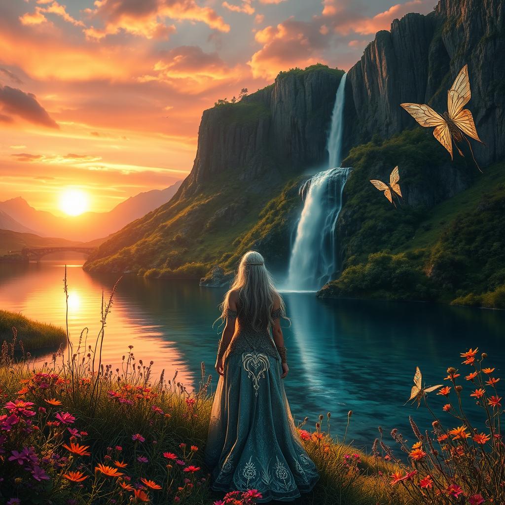 A stunning fantasy landscape featuring a majestic waterfall cascading down from a high cliff into a crystal clear lake surrounded by lush greenery and vibrant wildflowers