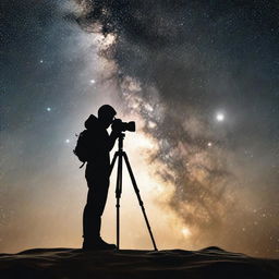 Transform the realistic scene of a silhouetted photographer with camera on a tripod against the Milky Way into a distinctive logo