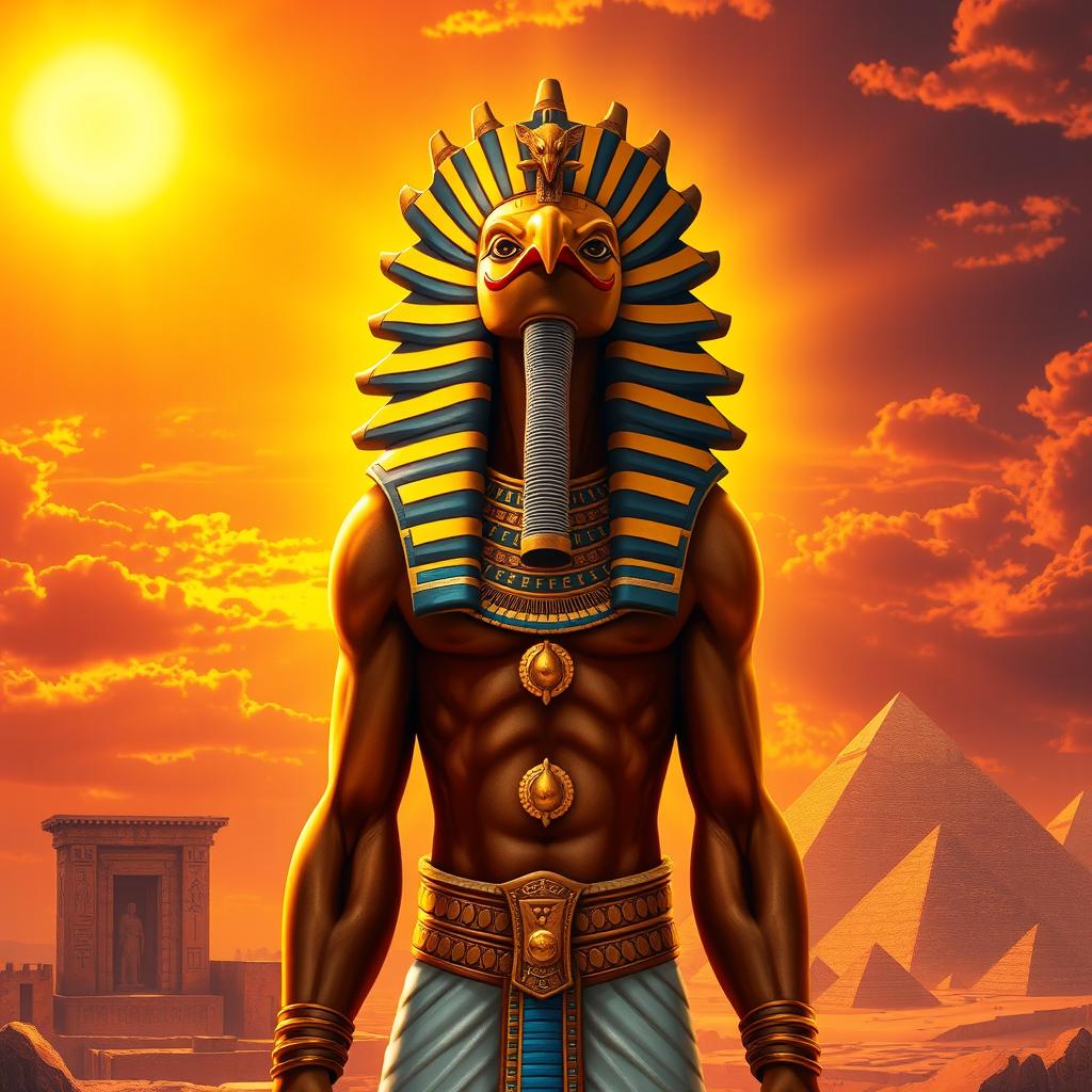 A majestic depiction of Ra, the ancient Egyptian sun god, standing tall and powerful