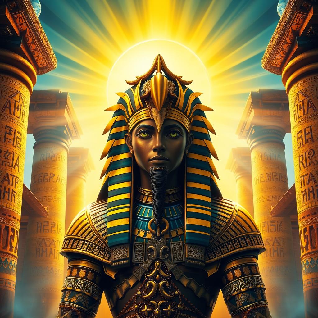 A mystical and powerful representation of Ra, the Egyptian sun god, depicted as a majestic figure with a falcon head, adorned with ankh and the sun disk above his head