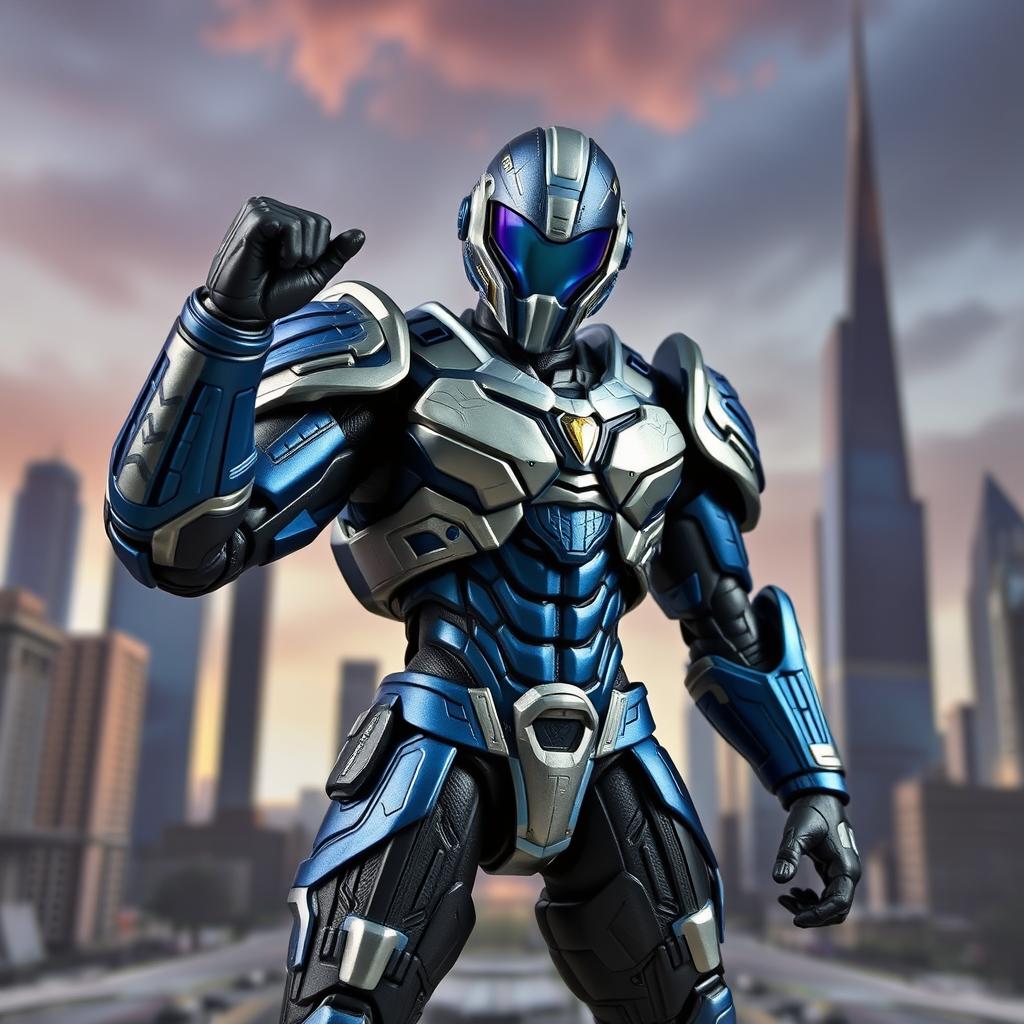 An action figure with a heroic stance, sculpted in dynamic detail