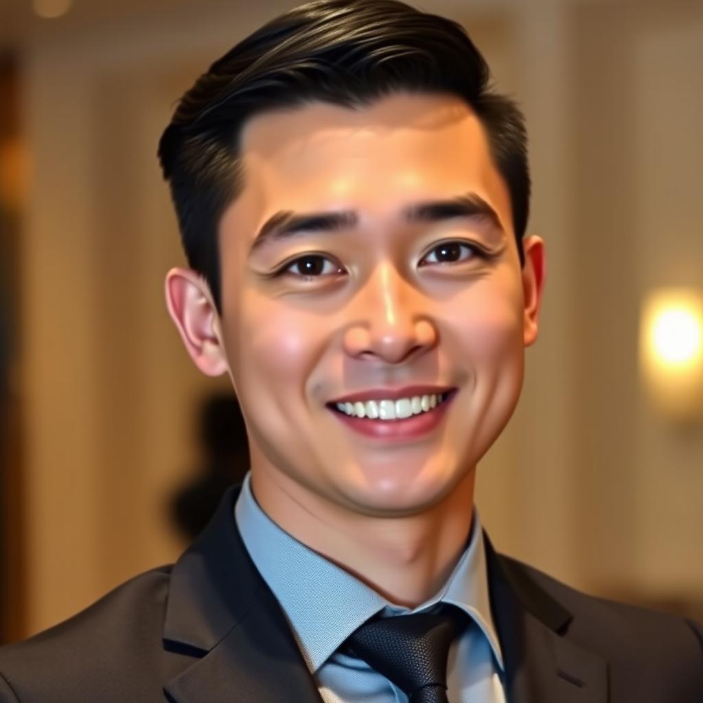A 30-year-old man dressed in formal attire, featuring straight black hair and black eyes, displaying a cheerful smile
