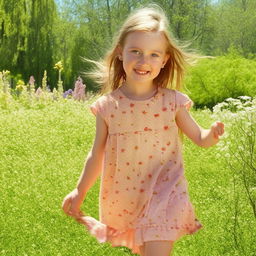 A cheerful little girl playing in a sunny park, wearing a bright summer dress with a background filled with vibrant, blooming flowers.