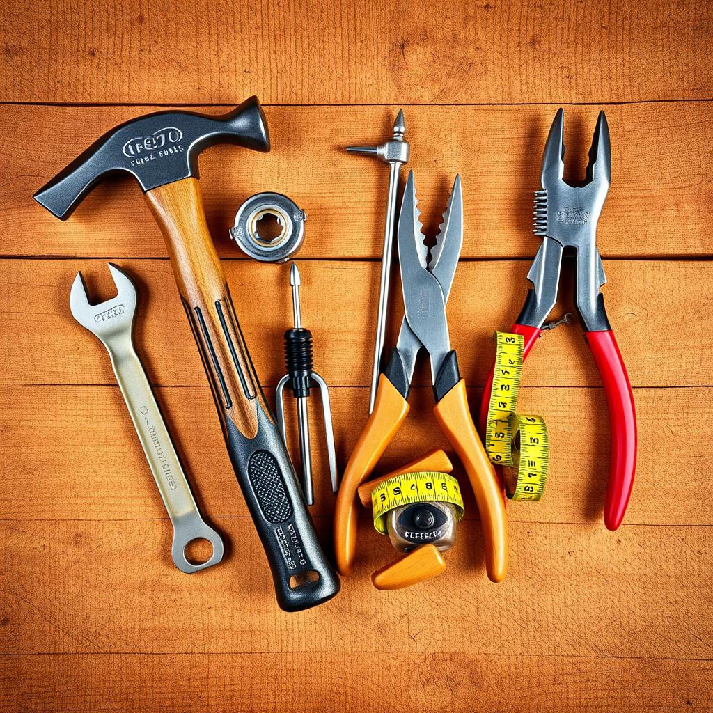 An artistic composition featuring a variety of tools arranged aesthetically on a rustic wooden background