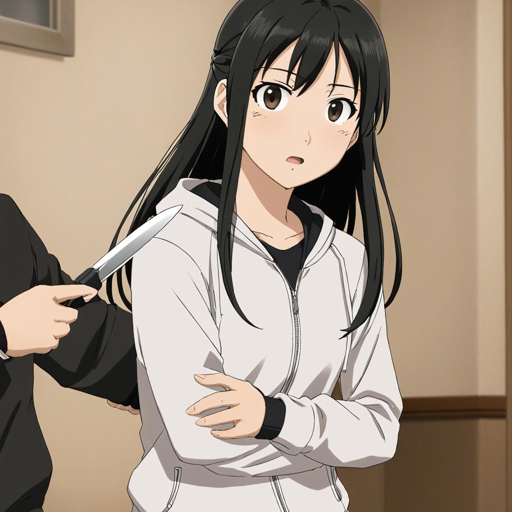 gambarkan yui dalam anime pegeng rok hitam nya tangan kanan dan kiri menggenggam erat ujung roknya jacket hitam dan kakinya putih rambut panjang nusuk adegan tusuk tapi tidak rasa sakit keluar darah