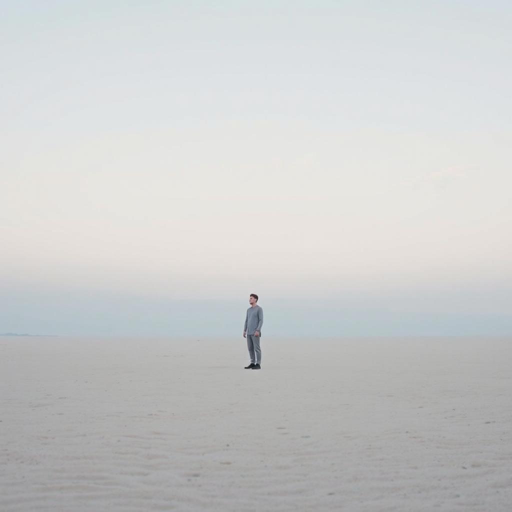 A minimalist short film scene showcasing a solitary figure standing in a vast, empty landscape at dusk