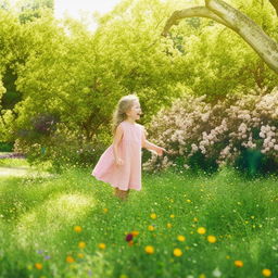 A cheerful little girl playing in a sunny park, wearing a bright summer dress with a background filled with vibrant, blooming flowers.