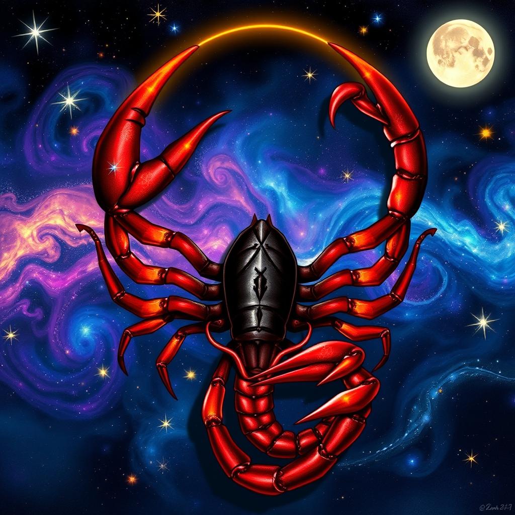 A detailed and vibrant illustration symbolizing the Scorpio zodiac sign, featuring a majestic scorpion intertwined with the vibrant night sky filled with stars