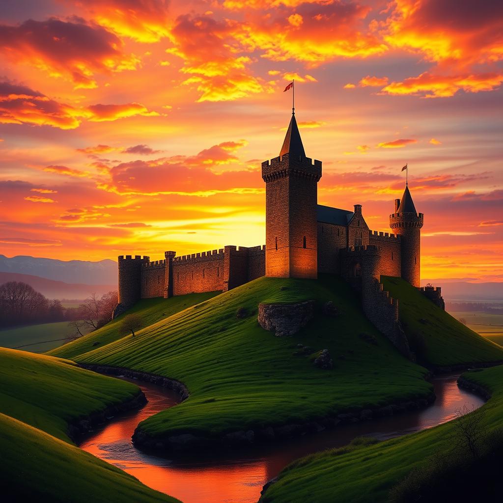 An enchanting medieval castle overlooking a tranquil landscape at sunset, its tall towers and battlements silhouetted against a vibrant sky filled with orange, pink, and purple hues