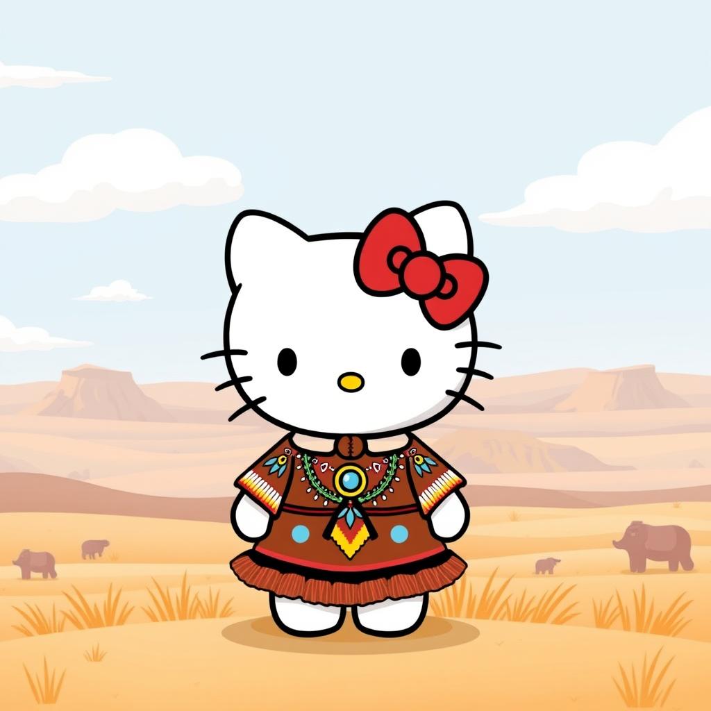 A cute illustration of Hello Kitty dressed in traditional Cheyenne clothing, featuring the iconic character with her signature bow and round face