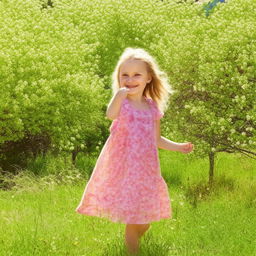 A cheerful little girl playing in a sunny park, wearing a bright summer dress with a background filled with vibrant, blooming flowers.