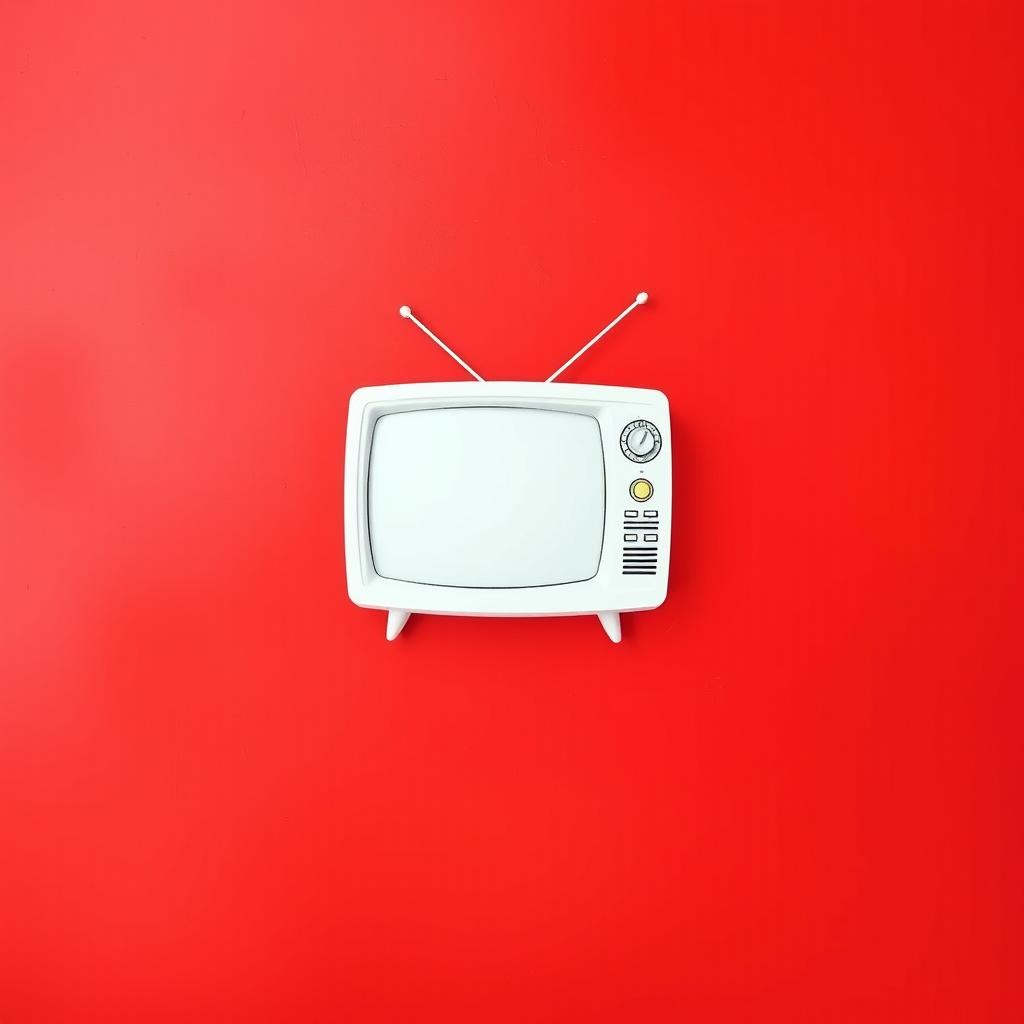 A vivid red background with a white television painted in the center