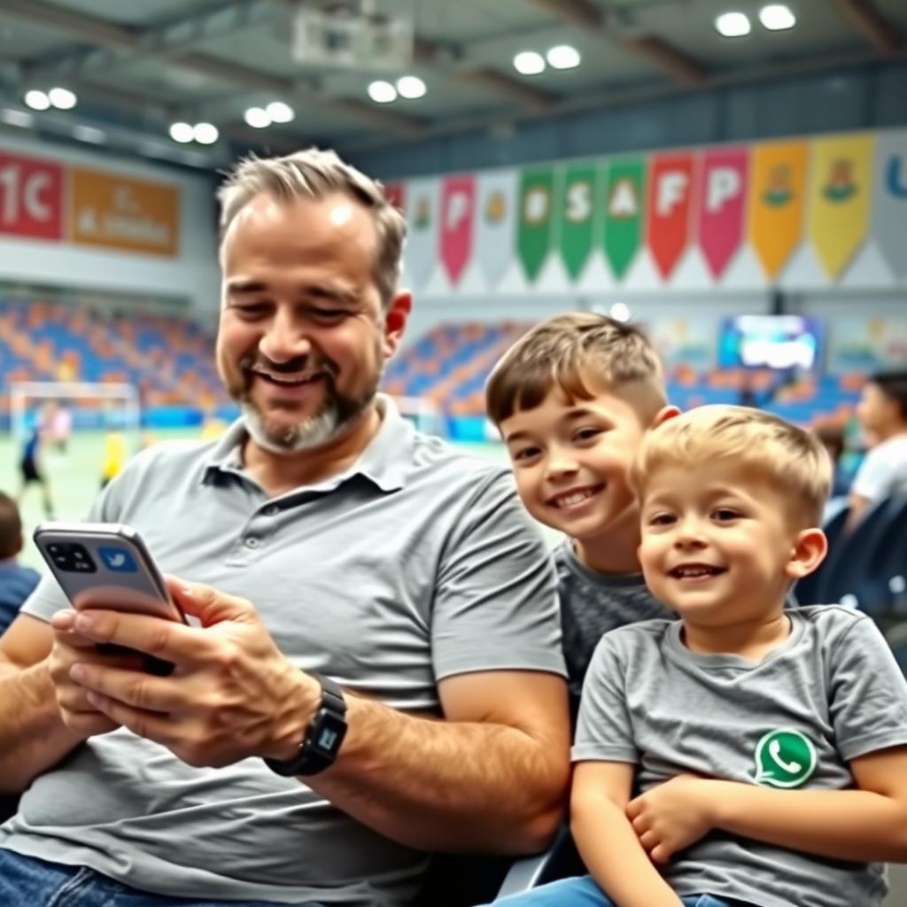 A father sitting in a futsal sports hall, looking at his phone which is displaying notification icons for Facebook Messenger and WhatsApp