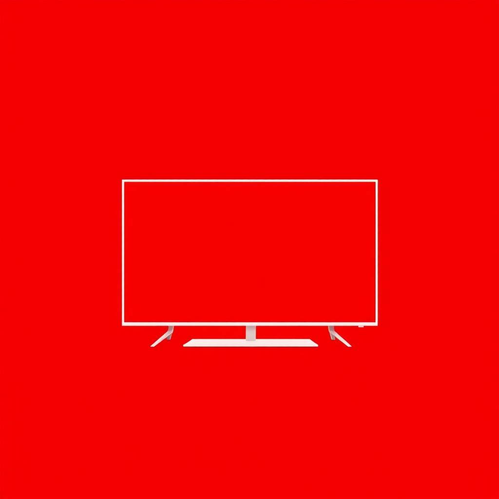 A striking modern illustration featuring a bright red background with a sleek, futuristic television design in the center, rendered in crisp white