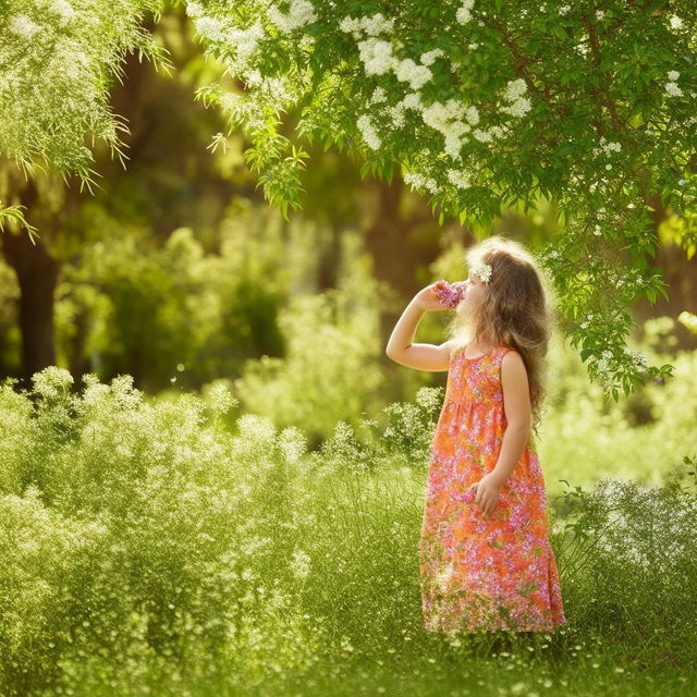 A cheerful little girl playing in a sunny park, wearing a bright summer dress with a background filled with vibrant, blooming flowers.