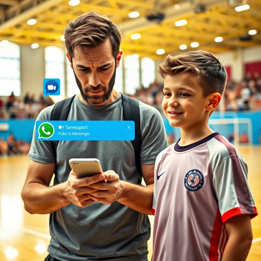 A realistic photograph of a frustrated father looking at his phone, with notification icons for Facebook Messenger and WhatsApp emerging from the screen