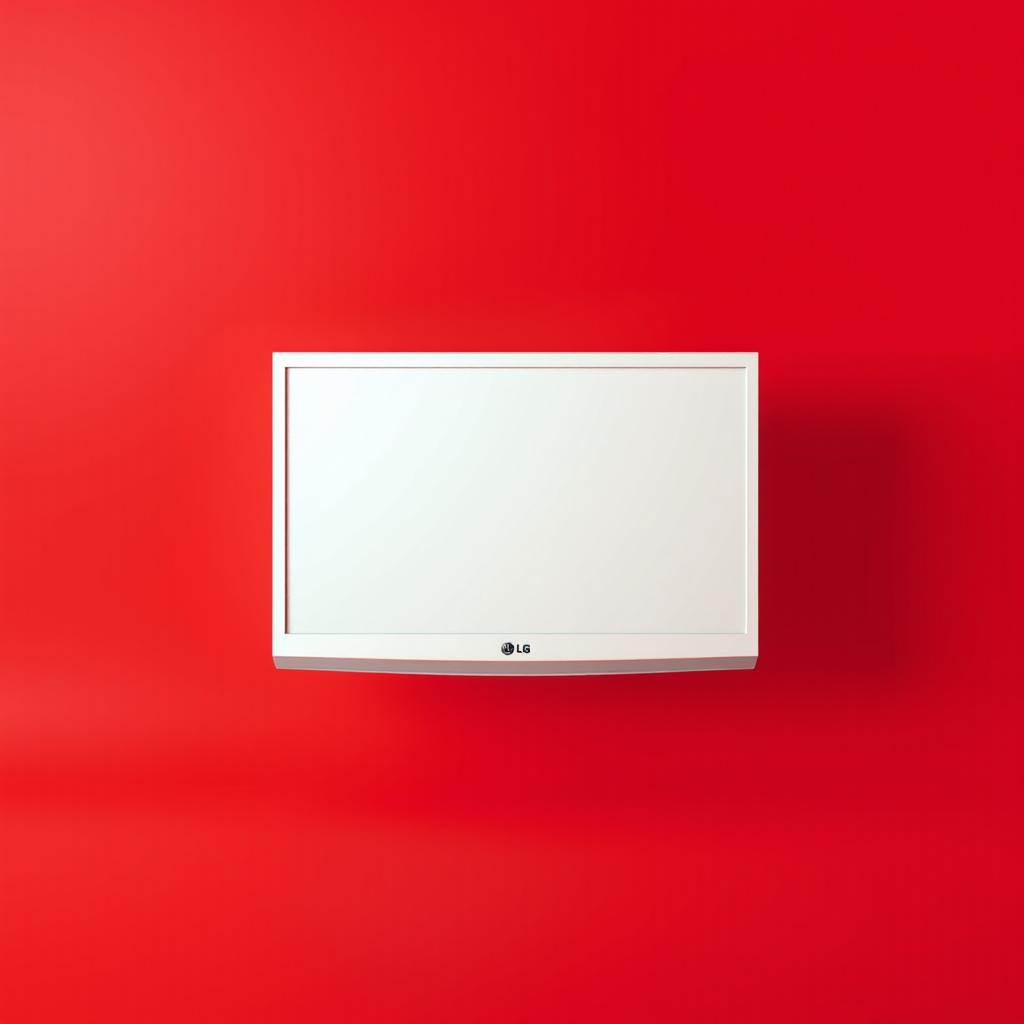 A striking red background featuring a centrally placed white LG UT91006 television