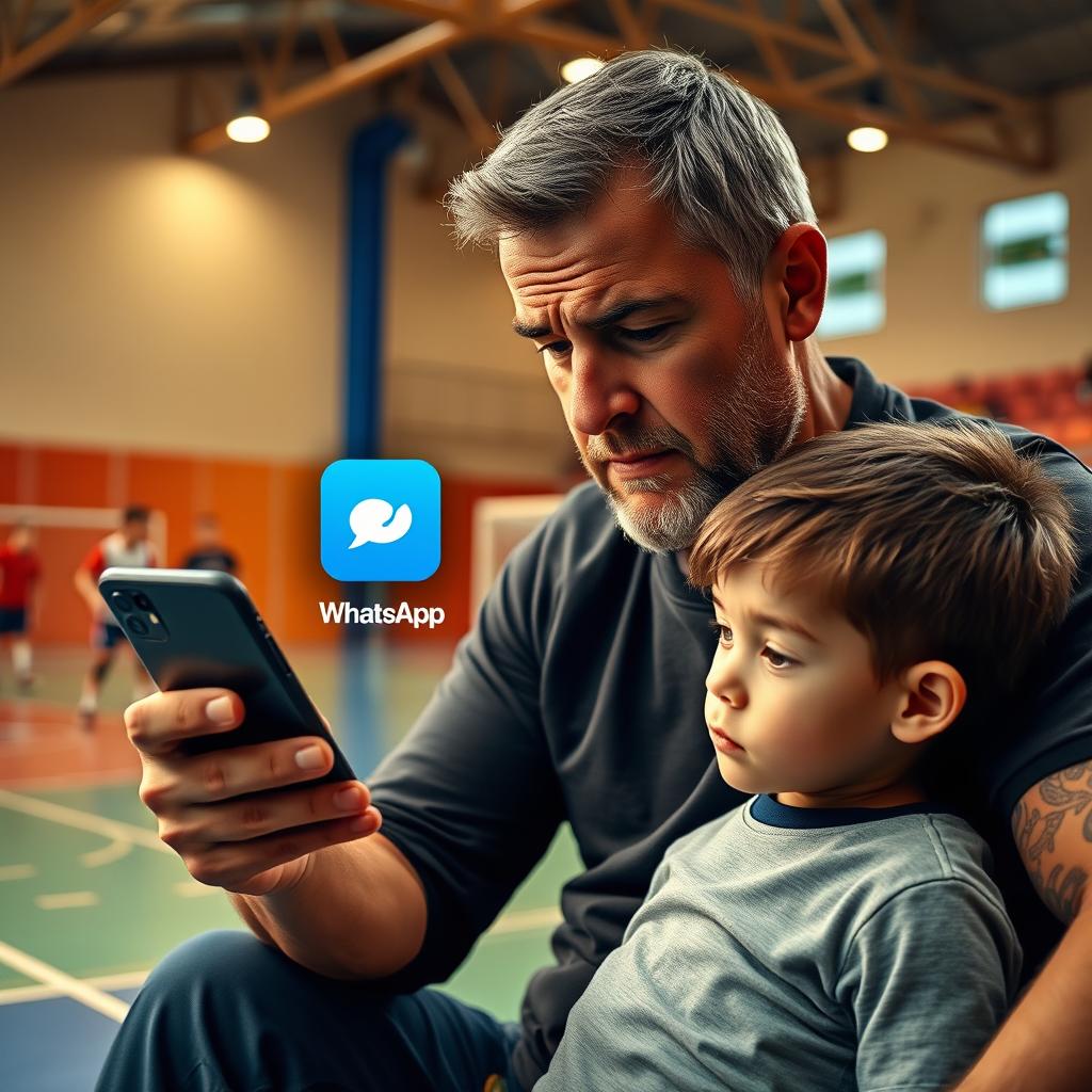 A realistic photograph of a frustrated father looking at his smartphone, showing the Messenger and WhatsApp icons emerging from the device