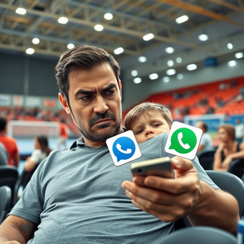 A realistic photo of a frustrated father watching his phone as the Facebook Messenger and WhatsApp icons pop out of the device