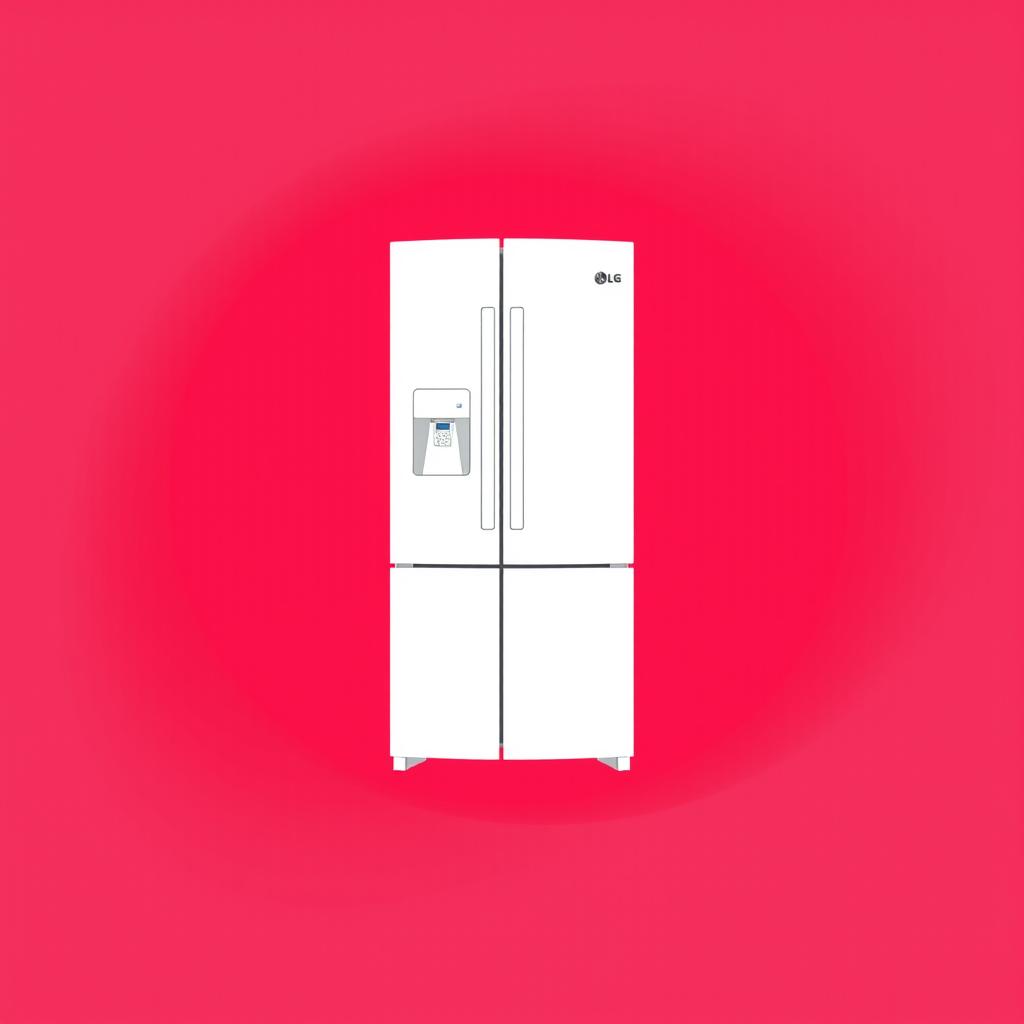 A bright red background with a centrally positioned LG GC-Q257 refrigerator illustrated in white