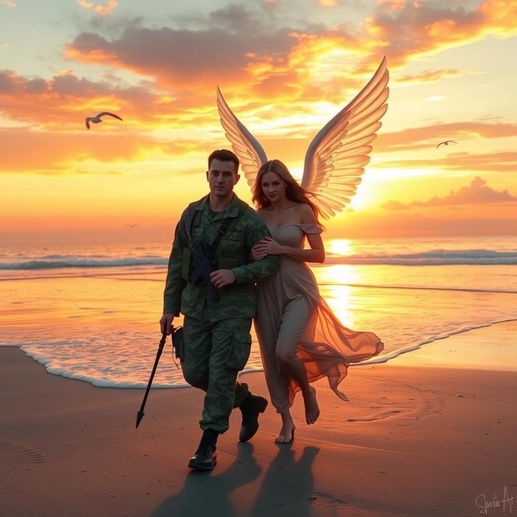 A soldier in military attire and a radiant angel with glowing wings walking together along a tranquil beach at sunrise