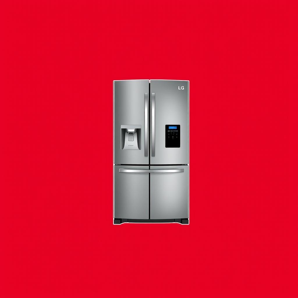 A bright red background featuring a central illustration of an LG GC-X257 refrigerator, showcasing its sleek design and modern features